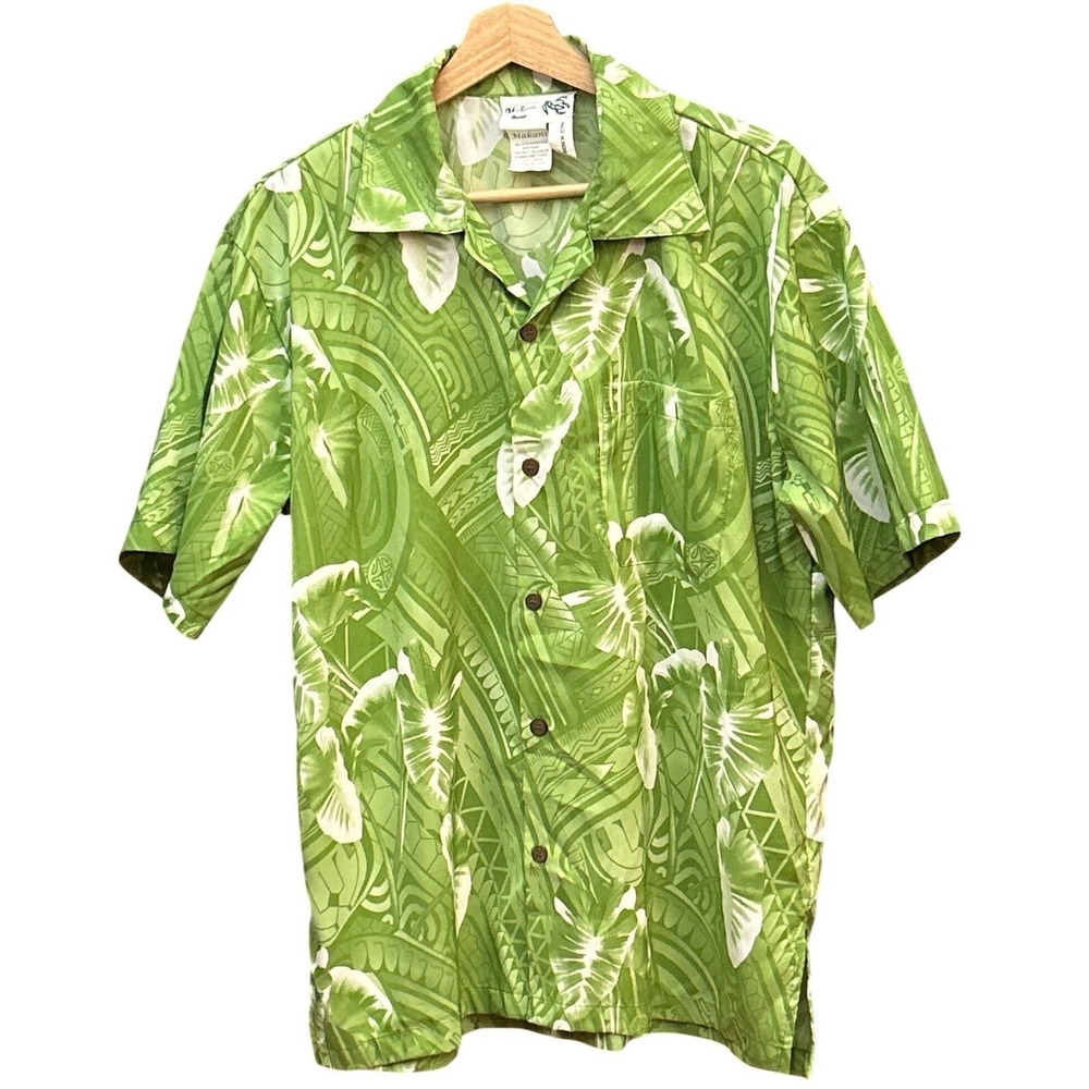 Vintage Makani Hawaii Aloha Shirt Tropical Island Beachwear Green Microfiber